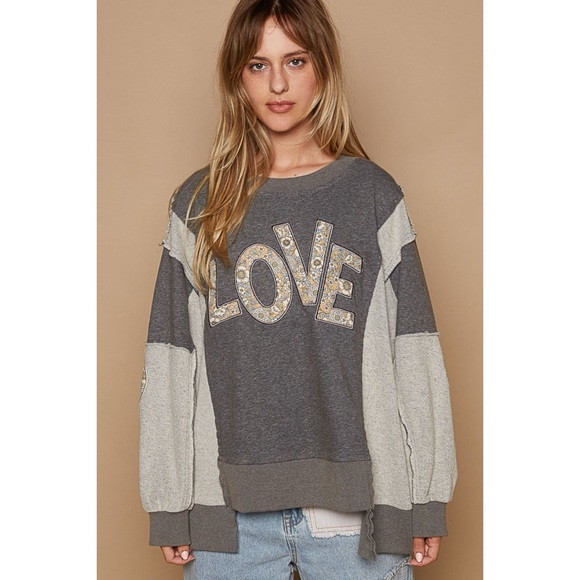 POL Charcoal Grey Love Letter Patched French Terry Pullover - Picture 6 of 7